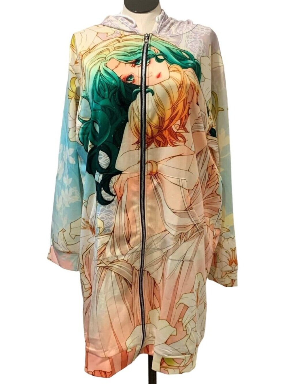 Anime-Inspired Hooded Longline Jacket 2LX Zipper Front Floral Art Allover Print